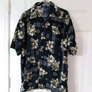 Suxxess Tropical Hawaiian Aloha Button Down Black Floral Men's Size Large
